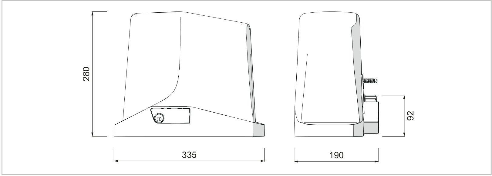 Διαστάσεις TURBO S: 335 × 190 × 280 mm· θέση πινιόν 92 mm