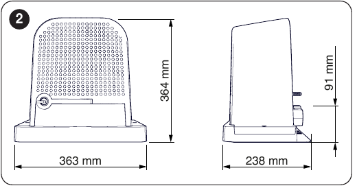 Σχέδιο διαστάσεων NICE ROBO1000: πλάτος 363 mm, βάθος 238 mm, ύψος 364 mm